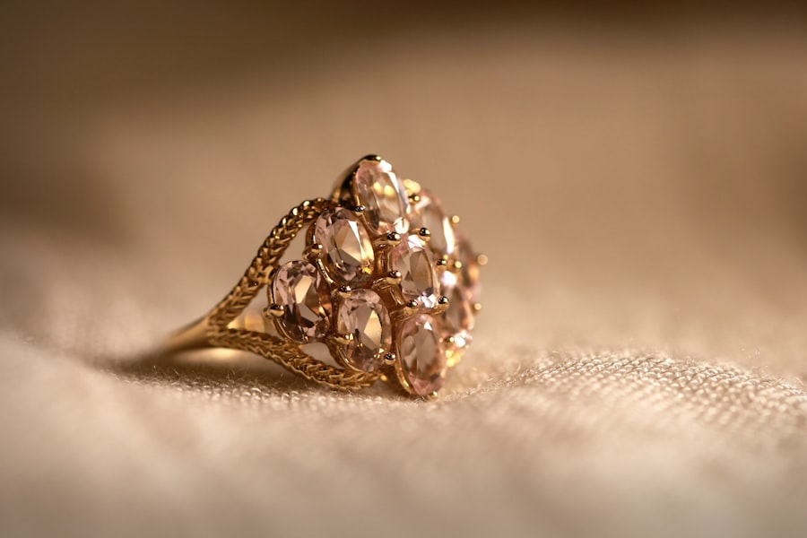 Champagne moissanite cluster ring in braided gold