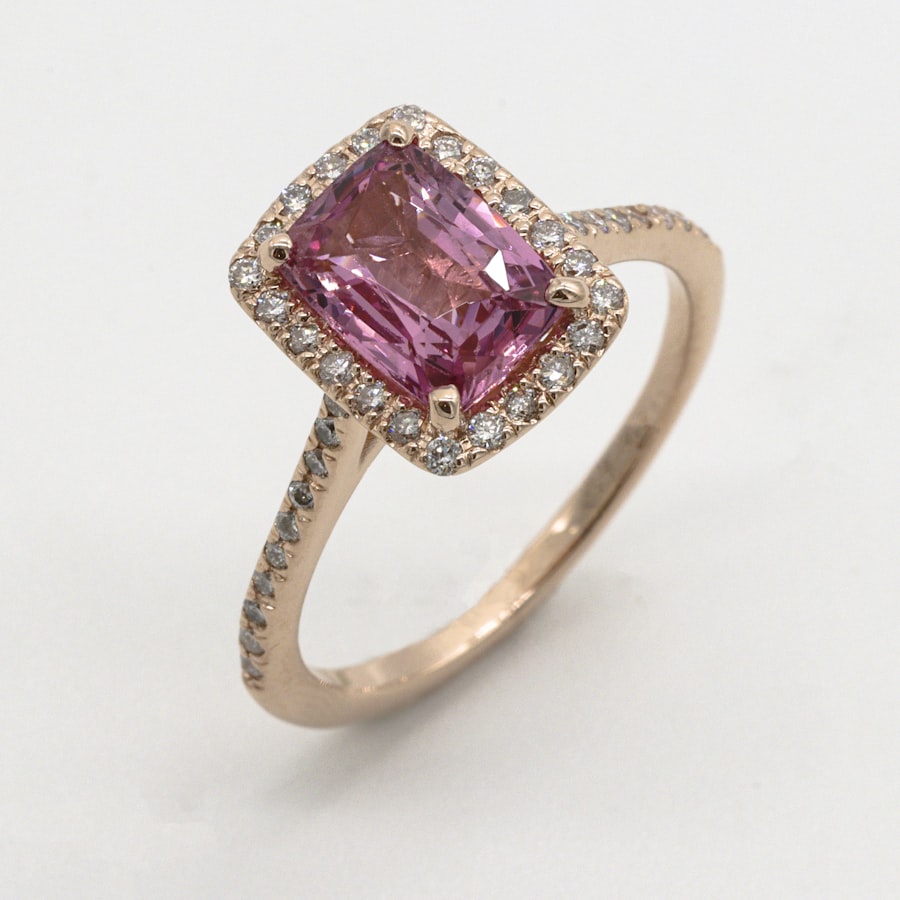 Pink cushion-cut moissanite ring in rose gold
